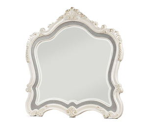 Benzara Traditional Mirror with Wooden Scrollwork Crown, White and Silver BM205579 White and Silver Wood, Mirror and Veneer BM205579