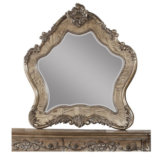 Benzara Wooden Mirror with Scrollwork Crown and Trim Details, Brown and Silver BM205593 Brown and Silver Wood, Mirror and Veneer BM205593