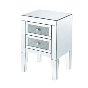 Benzara Wooden Night Table with 2 Spacious Drawers and Tapered Legs, Silver BM205597 Silver Mirror, Glass, Faux Stones and Composite Wood BM205597