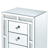 Benzara Mirrored Wooden Night Table with Flat Base and 3 Drawers, Silver BM205599 Silver Mirror, Glass, Faux Crystals and Composite Wood BM205599