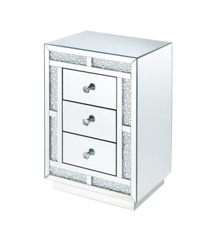 Benzara Mirrored Wooden Night Table with Flat Base and 3 Drawers, Silver BM205599 Silver Mirror, Glass, Faux Crystals and Composite Wood BM205599