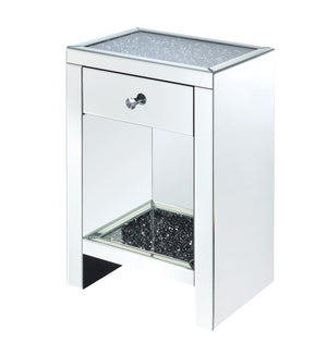 Benzara Mirrored Wooden Night Table with 1 Drawer and Bottom Shelf, Silver BM205600 Silver Mirror, Glass, Faux Diamonds and Composite Wood BM205600