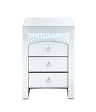 Benzara Mirrored Wooden Night Table with 3 Storage Drawers and Knobs, Silver BM205620 Silver Mirror, LED Glass, Faux Crystals and Wood BM205620