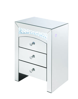 Benzara Mirrored Wooden Night Table with 3 Storage Drawers and Knobs, Silver BM205620 Silver Mirror, LED Glass, Faux Crystals and Wood BM205620