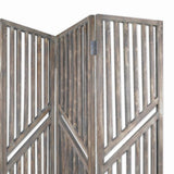 Benzara Traditional Slatted 3 Panel Wooden Room Divider, Weathered Brown BM205775 Brown Wood and Metal BM205775