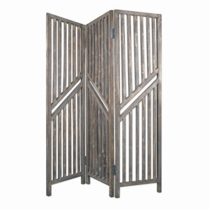 Benzara Traditional Slatted 3 Panel Wooden Room Divider, Weathered Brown BM205775 Brown Wood and Metal BM205775