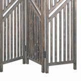 Benzara Traditional Slatted 3 Panel Wooden Room Divider, Weathered Brown BM205775 Brown Wood and Metal BM205775