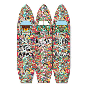 Benzara Beach Themed Surfboard Shaped 3 Panel Room Divider, Multicolor BM205778 Multicolor Wood and Metal BM205778