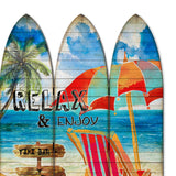 Benzara Lounge and Umbrella Print Surfboard Shaped 3 Panel Room Divider, Multicolor BM205780 Multicolor Wood and Metal BM205780