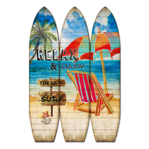 Benzara Lounge and Umbrella Print Surfboard Shaped 3 Panel Room Divider, Multicolor BM205780 Multicolor Wood and Metal BM205780