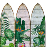 Benzara Surfboard Shaped Palm Leaf and Drinks Print 3 Panel Room Divider, Multicolor BM205781 Multicolor Wood and Metal BM205781