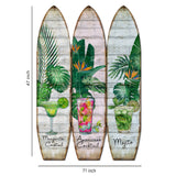 Benzara Surfboard Shaped Palm Leaf and Drinks Print 3 Panel Room Divider, Multicolor BM205781 Multicolor Wood and Metal BM205781