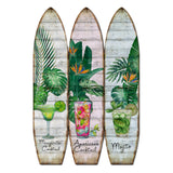 Surfboard Shaped Palm Leaf and Drinks Print 3 Panel Room Divider, Multicolor