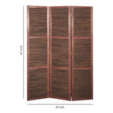 Benzara Wooden 3 Panel Room Divider with Horizontal Bamboo Stripes, Dark Brown BM205783 Brown Wood, Bamboo and Metal BM205783