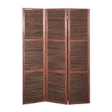 Benzara Wooden 3 Panel Room Divider with Horizontal Bamboo Stripes, Dark Brown BM205783 Brown Wood, Bamboo and Metal BM205783