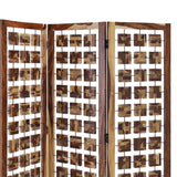 Benzara Wooden 3 Panel Room Divider with Interconnected Square Blocks, Brown BM205787 Brown Wood and Metal BM205787