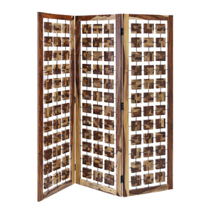 Benzara Wooden 3 Panel Room Divider with Interconnected Square Blocks, Brown BM205787 Brown Wood and Metal BM205787