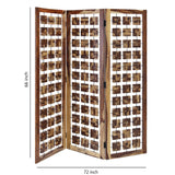 Benzara Wooden 3 Panel Room Divider with Interconnected Square Blocks, Brown BM205787 Brown Wood and Metal BM205787