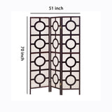 Benzara Circular Motif Wooden 3 Panel Room Divider with Jute Inlays, White and Brown BM205806 White and Brown Wood and Jute BM205806