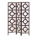 Circular Motif Wooden 3 Panel Room Divider with Jute Inlays, White and Brown