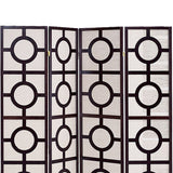 Benzara Circular Motif Wooden 4 Panel Room Divider with Jute Inlays, White and Brown BM205807 White and Brown Wood and Jute BM205807