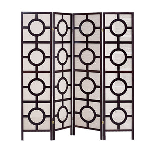 Benzara Circular Motif Wooden 4 Panel Room Divider with Jute Inlays, White and Brown BM205807 White and Brown Wood and Jute BM205807