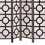 Benzara Circular Motif Wooden 4 Panel Room Divider with Jute Inlays, White and Brown BM205807 White and Brown Wood and Jute BM205807