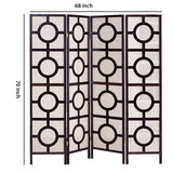 Benzara Circular Motif Wooden 4 Panel Room Divider with Jute Inlays, White and Brown BM205807 White and Brown Wood and Jute BM205807