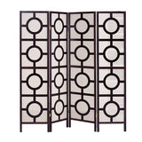 Circular Motif Wooden 4 Panel Room Divider with Jute Inlays, White and Brown