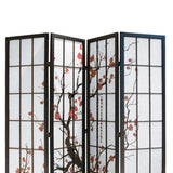 Benzara Tree and Flower Print 4 Panel Room Divider with Shoji Inserts, Red and Black BM205808 Red and Black Wood and Shoji Paper BM205808