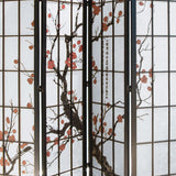 Benzara Tree and Flower Print 4 Panel Room Divider with Shoji Inserts, Red and Black BM205808 Red and Black Wood and Shoji Paper BM205808