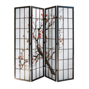 Benzara Tree and Flower Print 4 Panel Room Divider with Shoji Inserts, Red and Black BM205808 Red and Black Wood and Shoji Paper BM205808