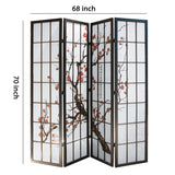 Benzara Tree and Flower Print 4 Panel Room Divider with Shoji Inserts, Red and Black BM205808 Red and Black Wood and Shoji Paper BM205808