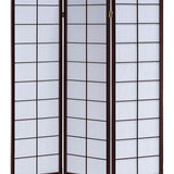 Benzara 3 Panel Wooden Room Divider with Shoji Paper Inserts, White and Dark Brown BM205809 White and Brown Wood and Shoji Paper BM205809