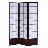 Benzara 3 Panel Wooden Room Divider with Shoji Paper Inserts, White and Dark Brown BM205809 White and Brown Wood and Shoji Paper BM205809