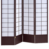 Benzara 4 Panel Wooden Room Divider with Shoji Paper Inserts, White and Dark Brown BM205810 White and Brown Wood and Shoji Paper BM205810