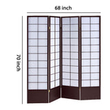 Benzara 4 Panel Wooden Room Divider with Shoji Paper Inserts, White and Dark Brown BM205810 White and Brown Wood and Shoji Paper BM205810