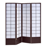 Benzara 4 Panel Wooden Room Divider with Shoji Paper Inserts, White and Dark Brown BM205810 White and Brown Wood and Shoji Paper BM205810