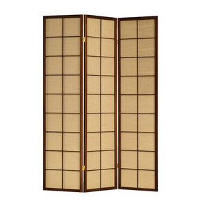 Benzara 3 Panel Wooden Room Divider with Jute Inlays, Brown and Beige BM205811 Brown and Beige Wood and Jute BM205811