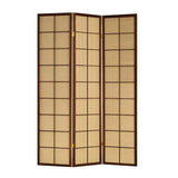 3 Panel Wooden Room Divider with Jute Inlays, Brown and Beige