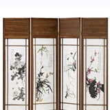 Benzara Asian Paintings 4 Panel Room Divider with Shoji Inserts, White and Brown BM205812 Brown and White Wood and Shoji Paper BM205812