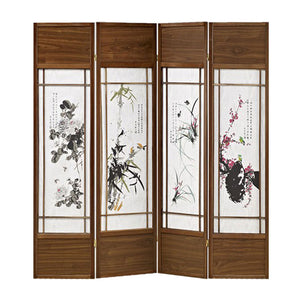 Benzara Asian Paintings 4 Panel Room Divider with Shoji Inserts, White and Brown BM205812 Brown and White Wood and Shoji Paper BM205812