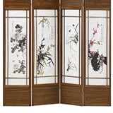 Benzara Asian Paintings 4 Panel Room Divider with Shoji Inserts, White and Brown BM205812 Brown and White Wood and Shoji Paper BM205812