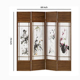 Benzara Asian Paintings 4 Panel Room Divider with Shoji Inserts, White and Brown BM205812 Brown and White Wood and Shoji Paper BM205812