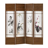 Asian Paintings 4 Panel Room Divider with Shoji Inserts, White and Brown