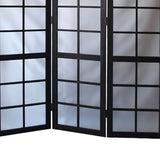 Benzara 3 Panel Room Divider with Frosted Glass Like Plastic Inserts, Black and White BM205813 White and Black Wood and Plastic BM205813