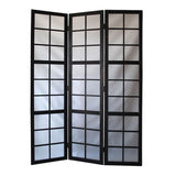 Benzara 3 Panel Room Divider with Frosted Glass Like Plastic Inserts, Black and White BM205813 White and Black Wood and Plastic BM205813