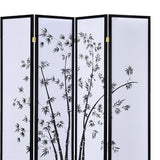 Benzara Bamboo Print 4 Panel Wooden Room Divider, Black and White BM205817 White and Black Wood and Shoji Paper BM205817