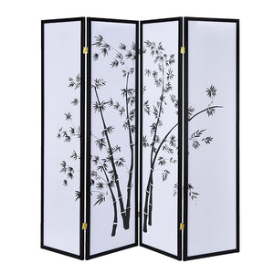 Benzara Bamboo Print 4 Panel Wooden Room Divider, Black and White BM205817 White and Black Wood and Shoji Paper BM205817