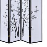 Benzara Bamboo Print 4 Panel Wooden Room Divider, Black and White BM205817 White and Black Wood and Shoji Paper BM205817